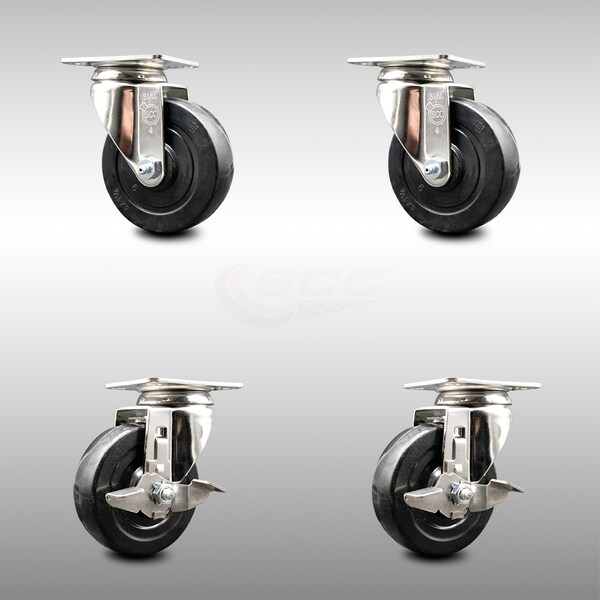 4 Inch 316SS Soft Rubber Wheel Swivel Top Plate Caster Brakes SCC, 2PK